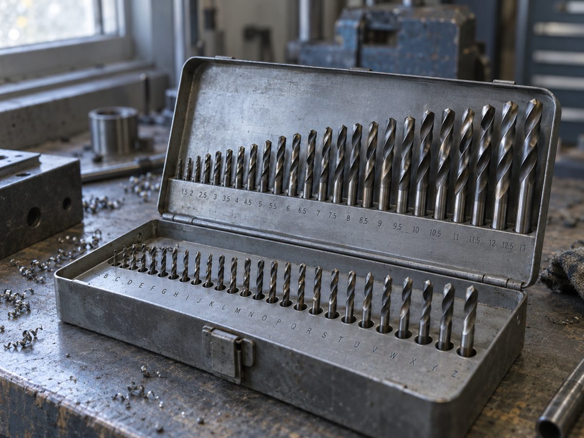 An open metal drill index holding metric and letter drill bits on a workshop bench